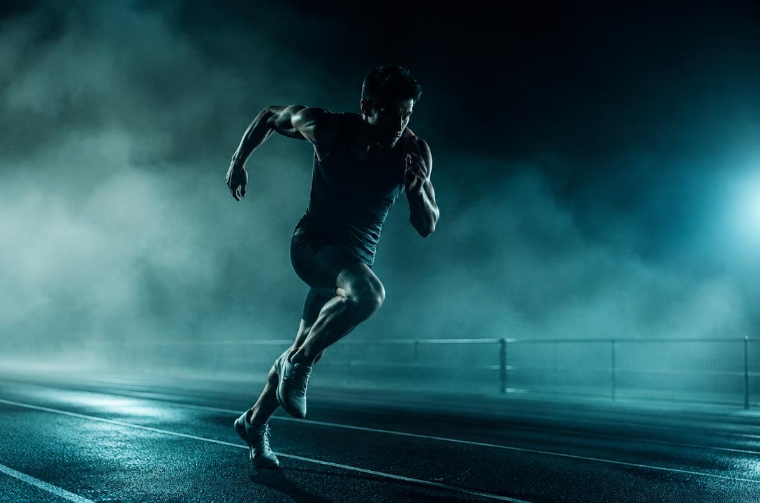Athlete sprinting on a foggy track at night